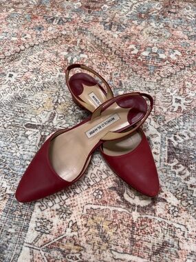 Manolo Blahnik Red Leather Slingback Flats – Size 38.5